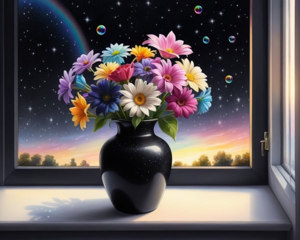 Colorful Flower Bouquet with Cosmic Background Scene