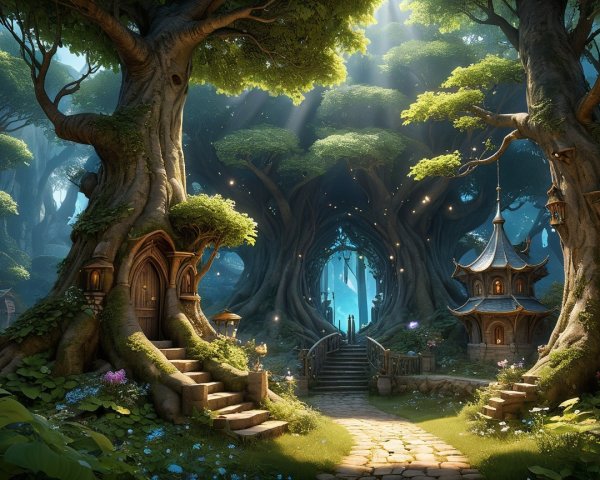 Enchanted forest scene with whimsical cottages and light