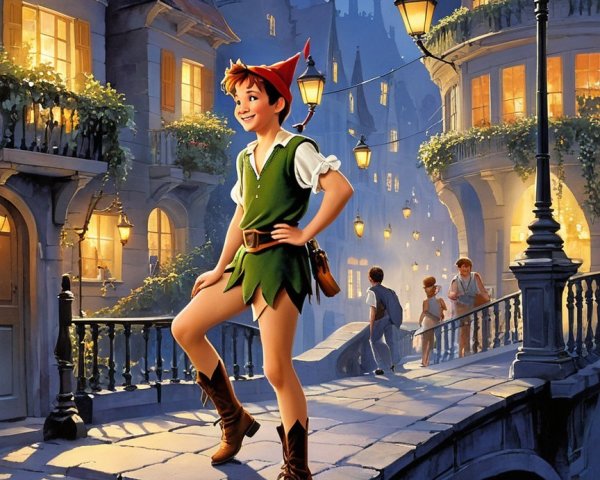 Disney-style illustration of Peter Pan at night