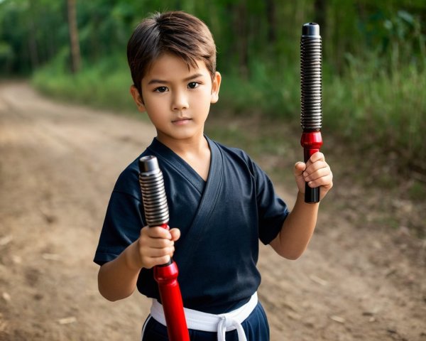 Young Boy in Martial Arts Uniform on Dirt Path