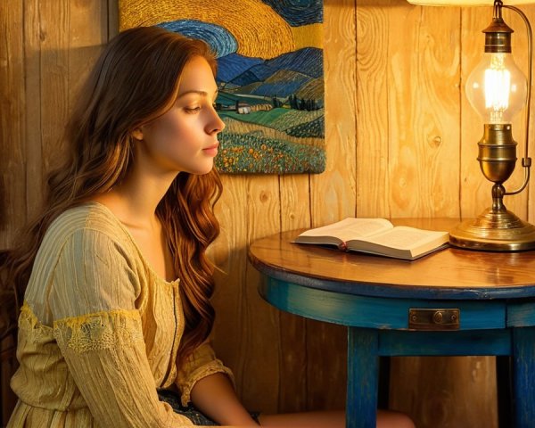 Young woman in serene room with vintage decor