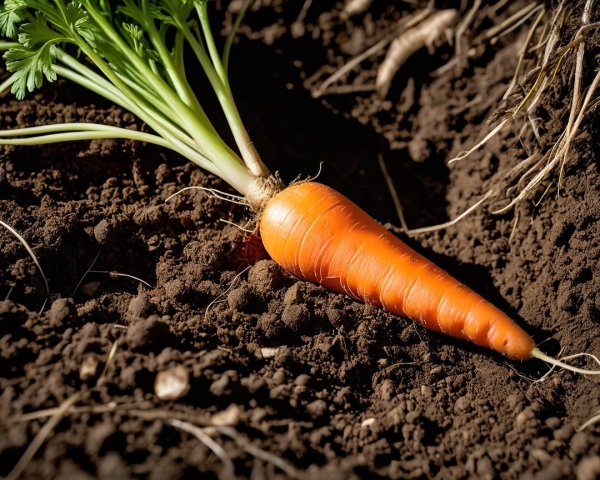 Vibrant Carrot Emerging from Dark Soil with Green Tops