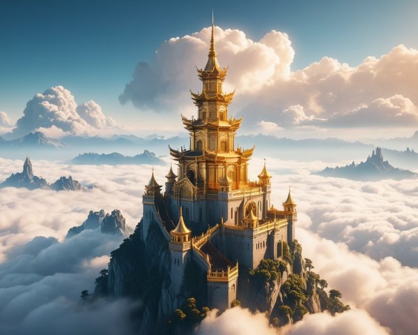 Golden Temple on Mountain Peak Surrounded by Clouds
