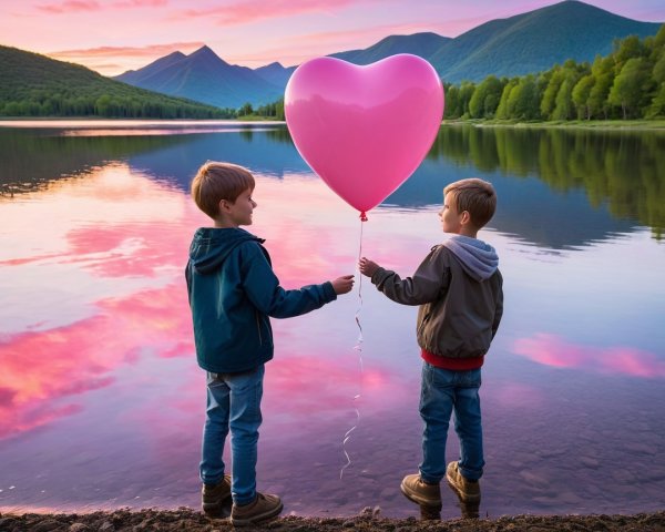 Boys Holding Heart-Shaped Balloon by Serene Lake at Sunset