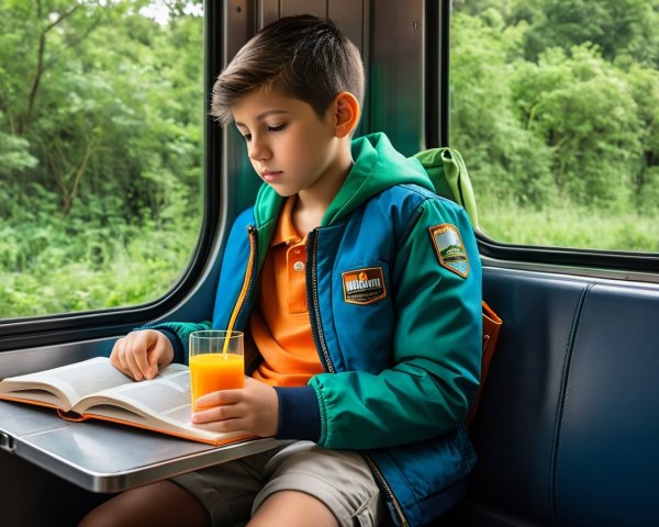 Young Boy Reading on Train with Orange Juice