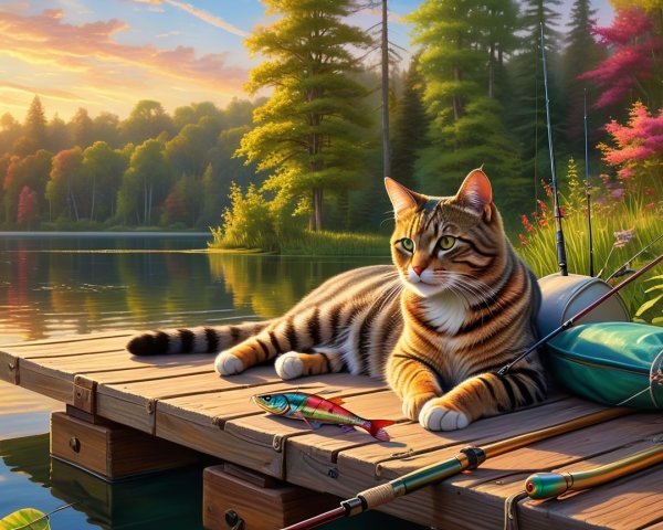 Striped Cat Relaxing on Dock by Tranquil Lake