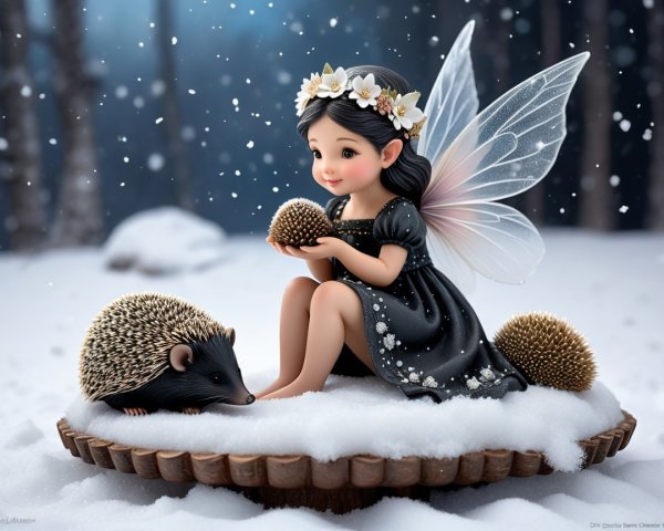 Whimsical Fairy with Hedgehogs in Snowy Scene