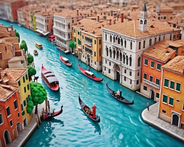 Miniature Scene of Vibrant Venice with Gondolas