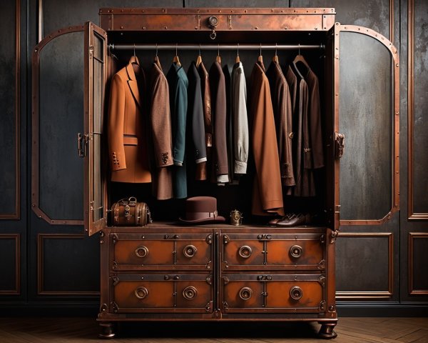 Vintage Wardrobe with Suits and Accessories Displayed