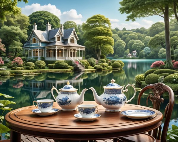 Victorian House by Serene Lakeside with Tea Service