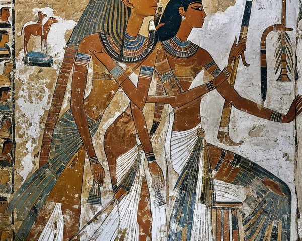 Ancient Egyptian Mural with Figures and Hieroglyphics