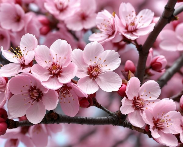 Close-Up of Pink Cherry Blossoms with Green Foliage