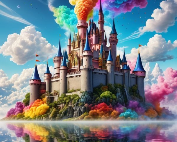 Whimsical Fairytale Castle Surrounded by Colorful Smoke