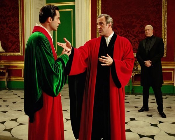 Tense Conversation in Opulent Red and Gold Room