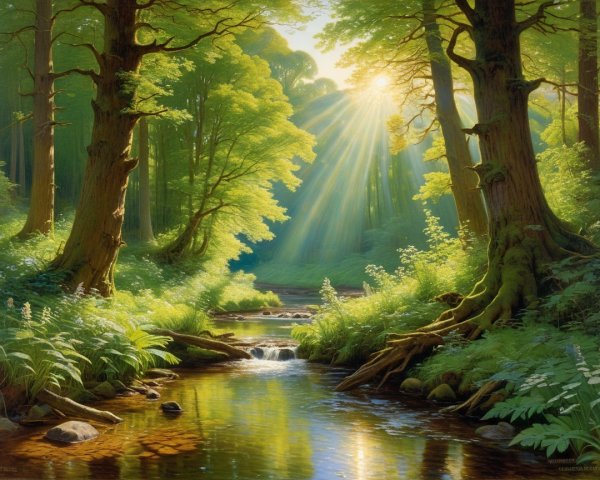 Serene Forest Scene with Sunlight and Gentle Stream