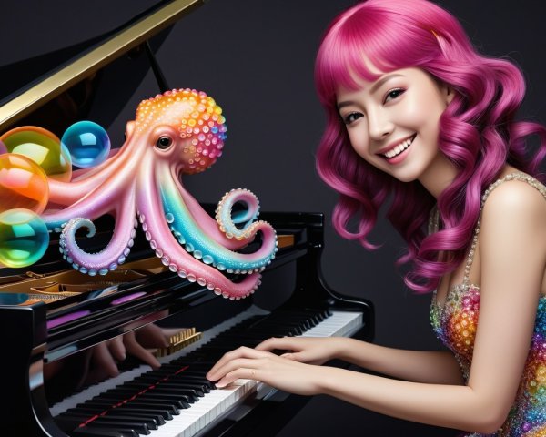 Young Woman with Pink Hair Playing Grand Piano