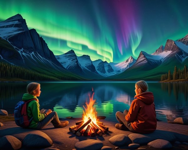 Children by Campfire Under Northern Lights Reflection