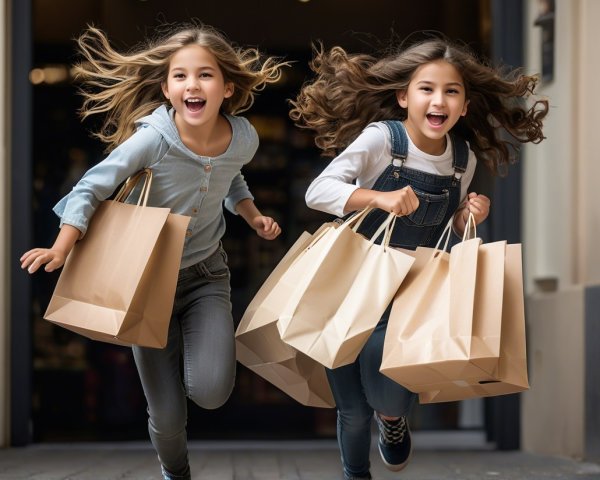 Young girls joyfully run with shopping bags in city street