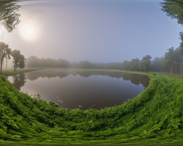 Misty Landscape with Serene Water and Lush Greenery