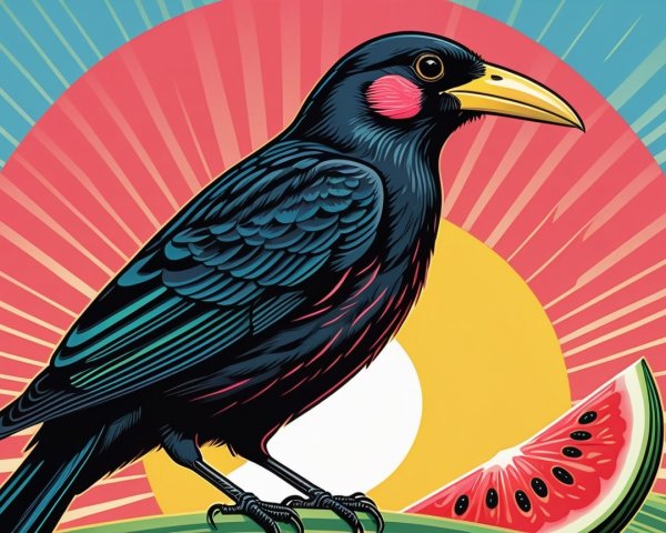 Pop Art Illustration of Bird with Watermelon and Sun Rays
