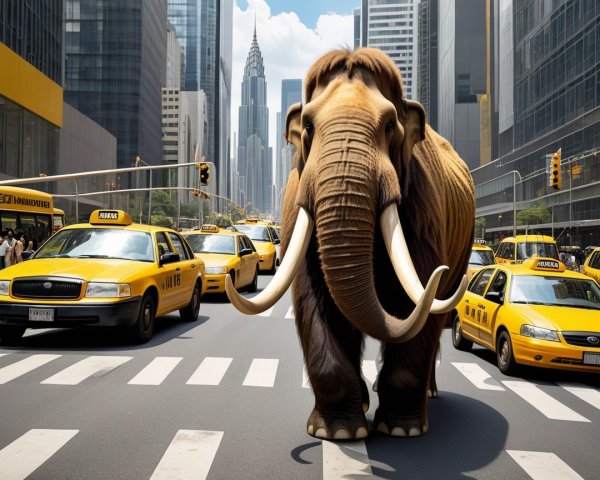 Woolly Mammoth in Urban Street with Skyscrapers