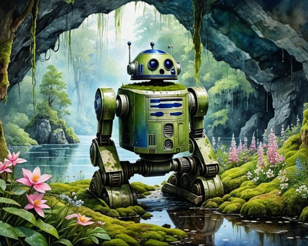 Green Robot in Verdant Cave with Flowing Water