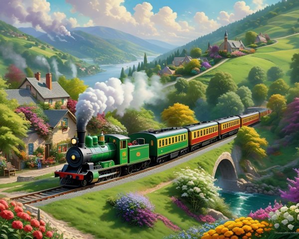 Vibrant Landscape with Steam Train and Countryside Cottages