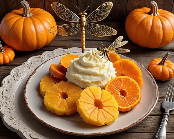 Decorative Plate with Mashed Potatoes and Fruits