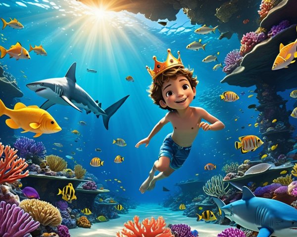 Joyful Boy Swimming in Colorful Coral Reef Scene