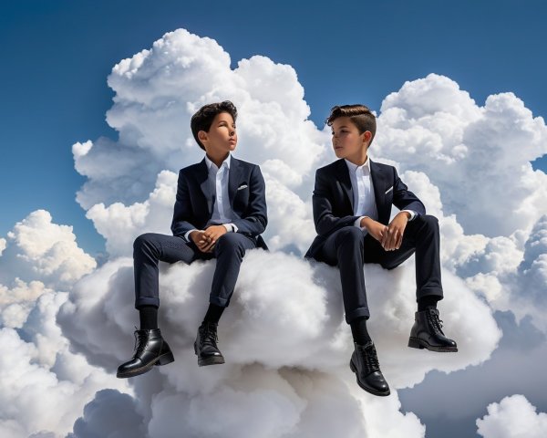 Boys in Suits Sitting on a Cloudy Sky Background