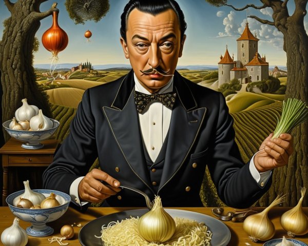 Surreal Portrait of a Man with Noodles and Onion