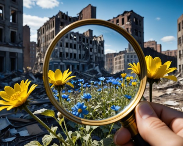 Vibrant Flowers Amidst a Ruined Cityscape