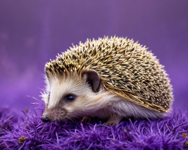 Hedgehog on Purple Background with Spines and Ears