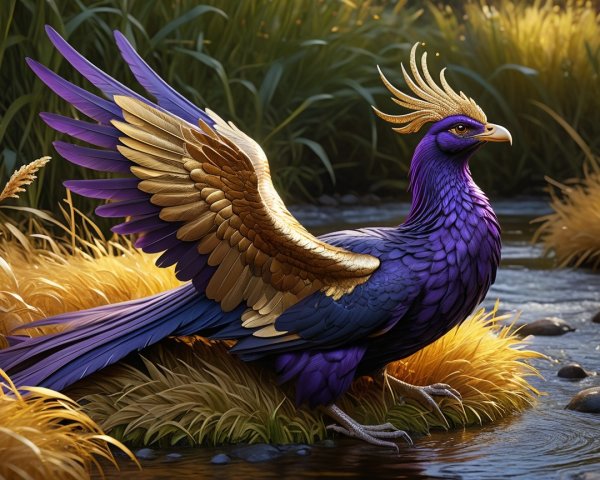 Detailed Purple and Gold Phoenix Bird by Stream