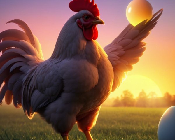 Majestic Rooster with Golden Egg in Sunrise Landscape