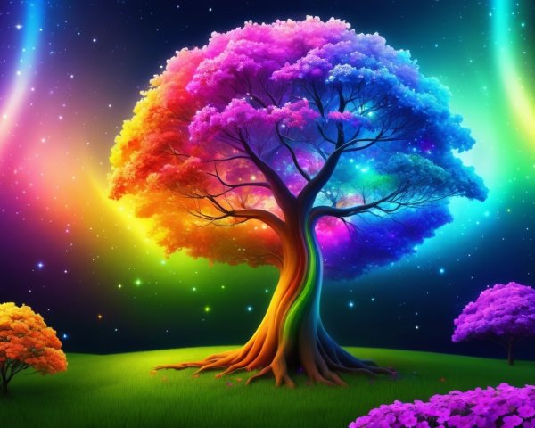 Surreal Tree in Colorful Dreamlike Landscape