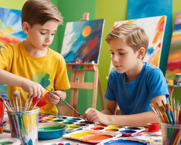 Boys Painting in a Colorful Art Studio Setting