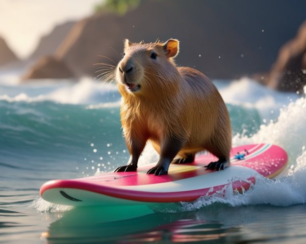 Capybara Surfing on a Pink Board in Sunny Waves