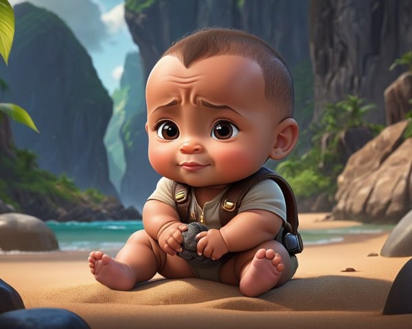 Cartoon Baby on Beach with Cliffs and Greenery