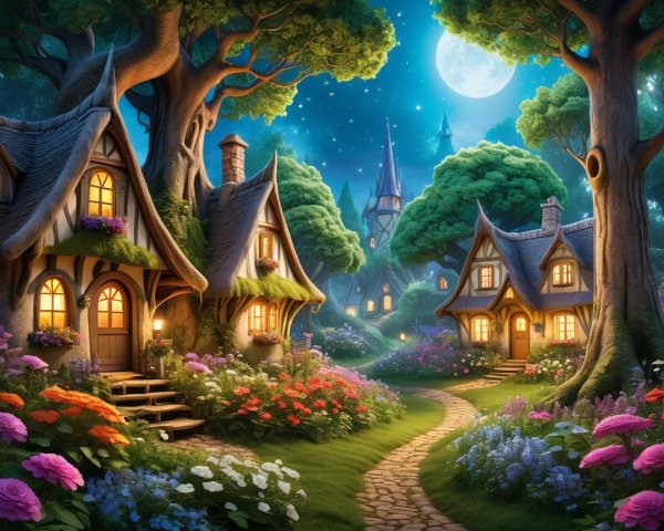 Moonlit Village Scene with Cottages and Gardens