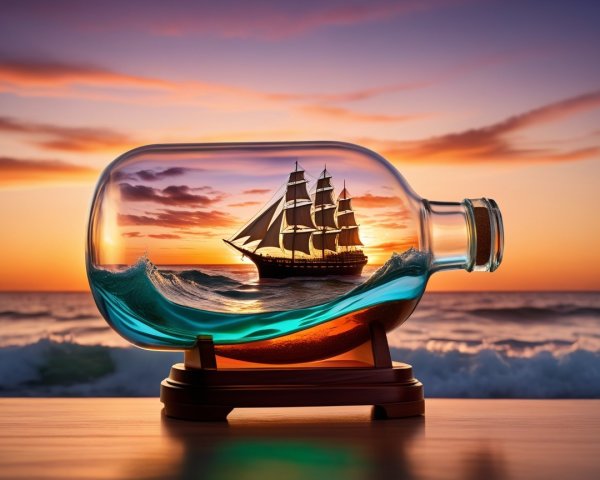 Ship in a Bottle with Sunset and Elegant Base