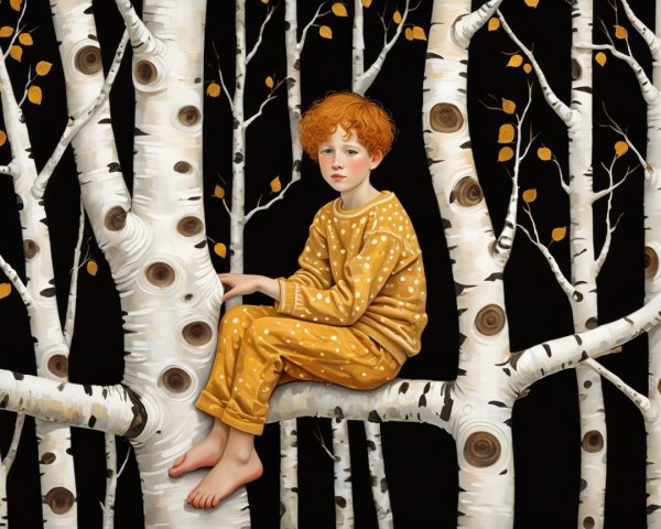 Vibrant Painting of a Boy in a Birch Tree