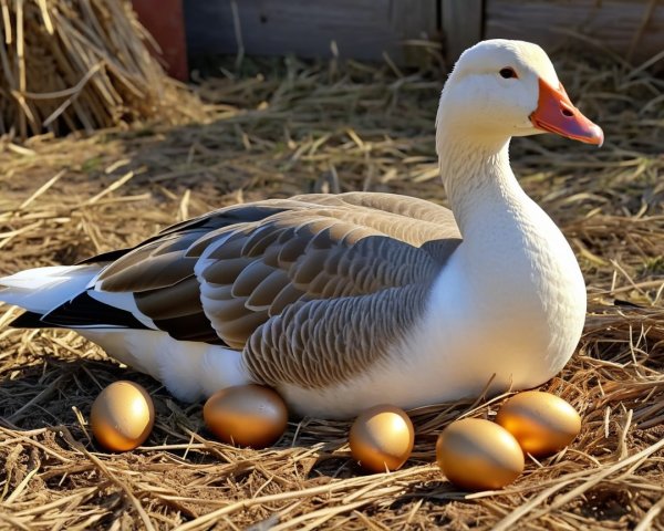 Goose Nesting Among Golden Eggs in Sunlit Straw