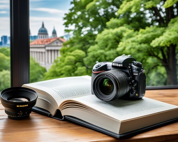Nikon Camera on Book with Green Landscape View