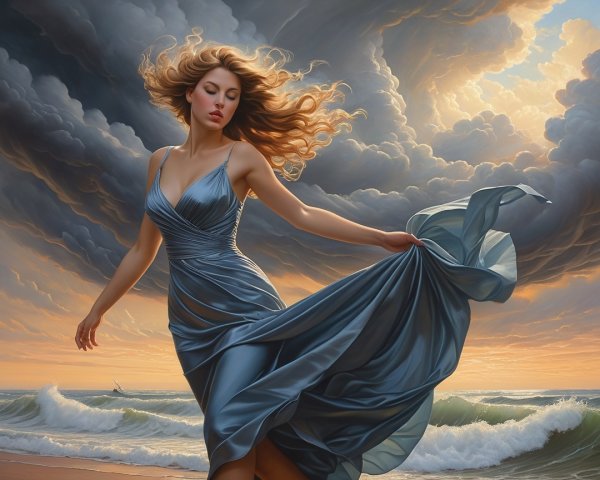 Woman in a Blue Dress at Beach During Sunset