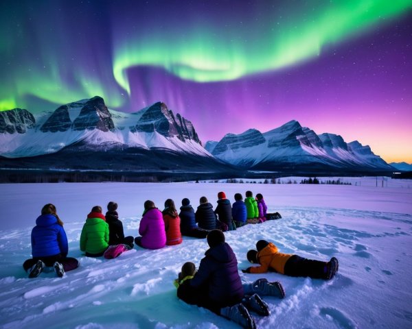 People observing northern lights over snowy mountains