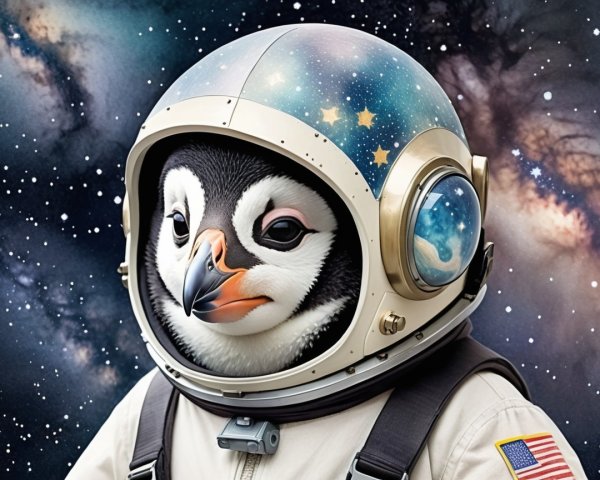 Whimsical Penguin in Space Helmet Against Cosmic Backdrop