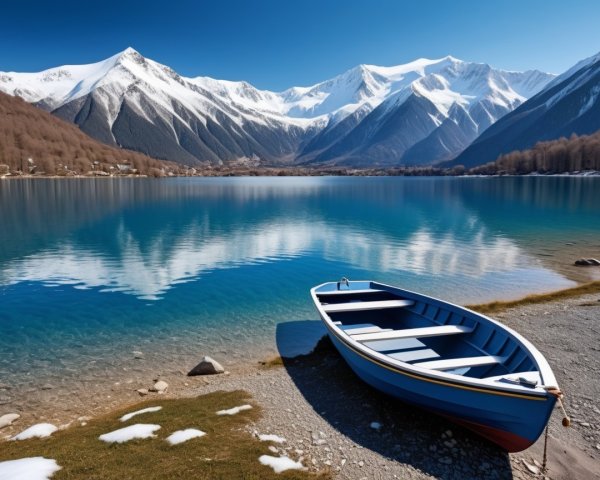 Bright Blue Mountain Lake with Snow-Peaked Mountains