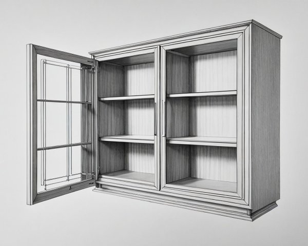 Illustration of a wooden cabinet with glass doors and shelves