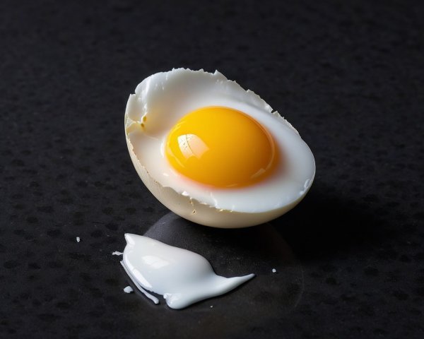 Cracked Eggshell with Yolk on Dark Countertop